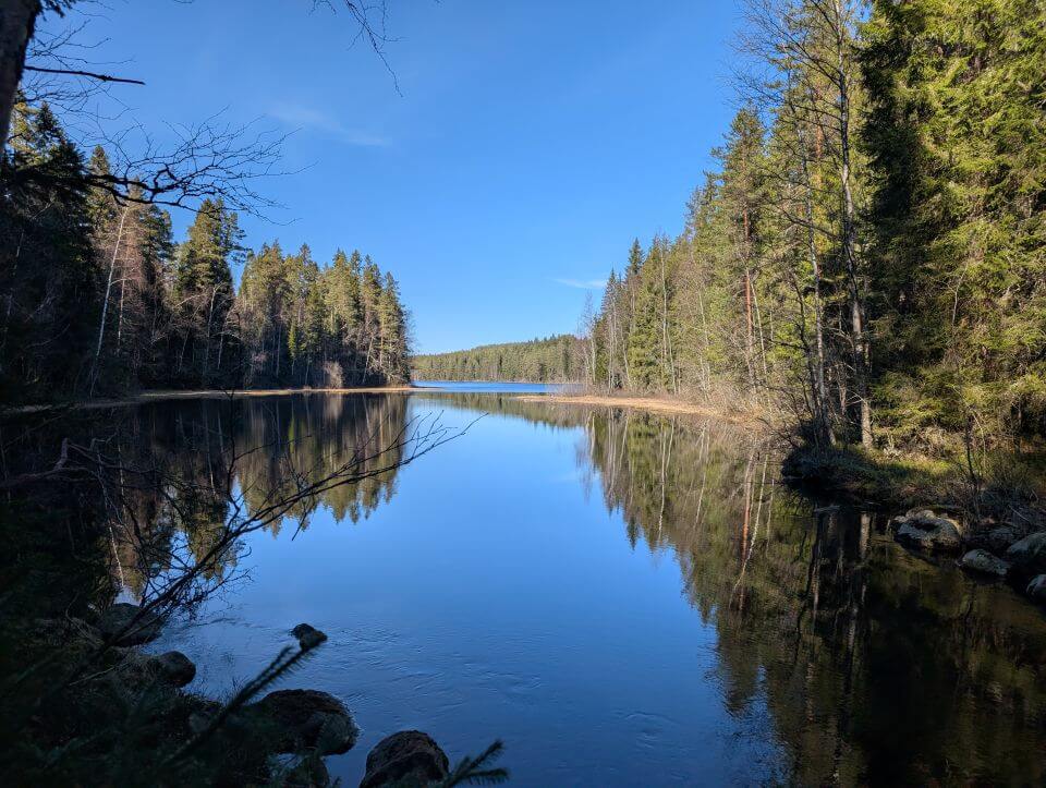 Tyyni järvi metsän ympäröimänä kuttuniskan lenkin varrella on monta kanootin tai kajakin laskupaikkaa