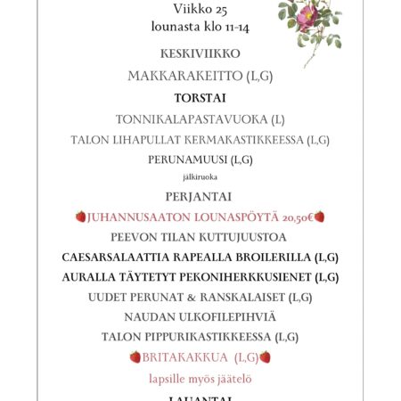 VIlla Hainari Juhannusviikon lounaslista
